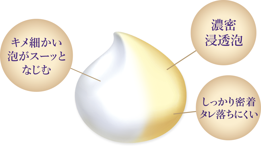 キメ細かい泡がスーッとなじむ 濃密浸透泡 しっかり密着タレ落ちにくい